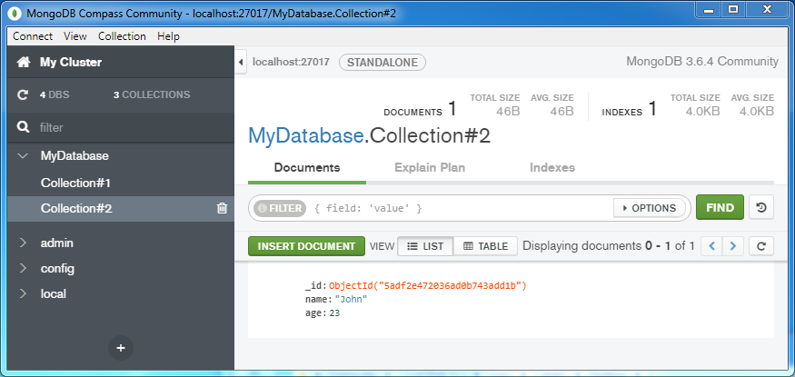 Insert a document into a MongoDB Collection: in collection