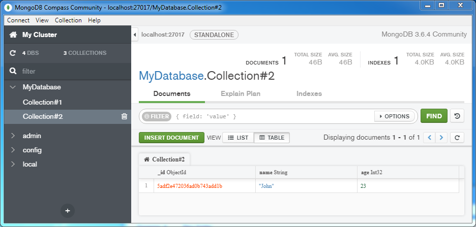 Insert a document into a MongoDB Collection: table like view