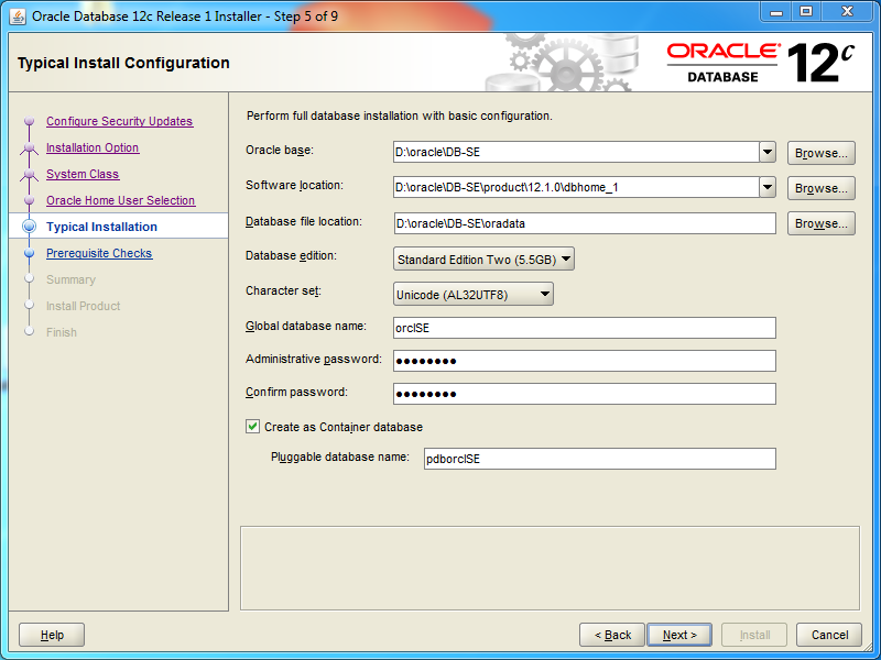Oracle database 12cR1 Standard Edition 2 Installation on Windows: typical installation 