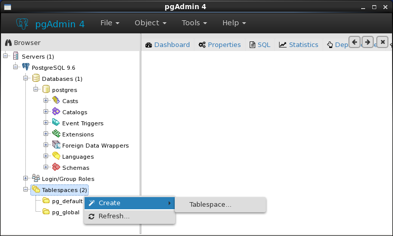 How to create a tablespace for PostgreSQL database : click