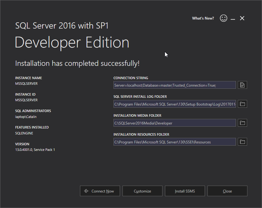 Microsoft SQL Server 2016 installation: installed 