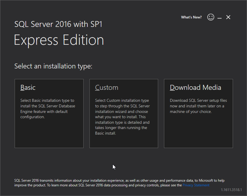 Microsoft SQL Server 2016 Express installation: basic 