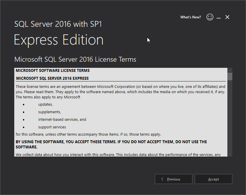 Microsoft SQL Server 2016 Express installation: accept 