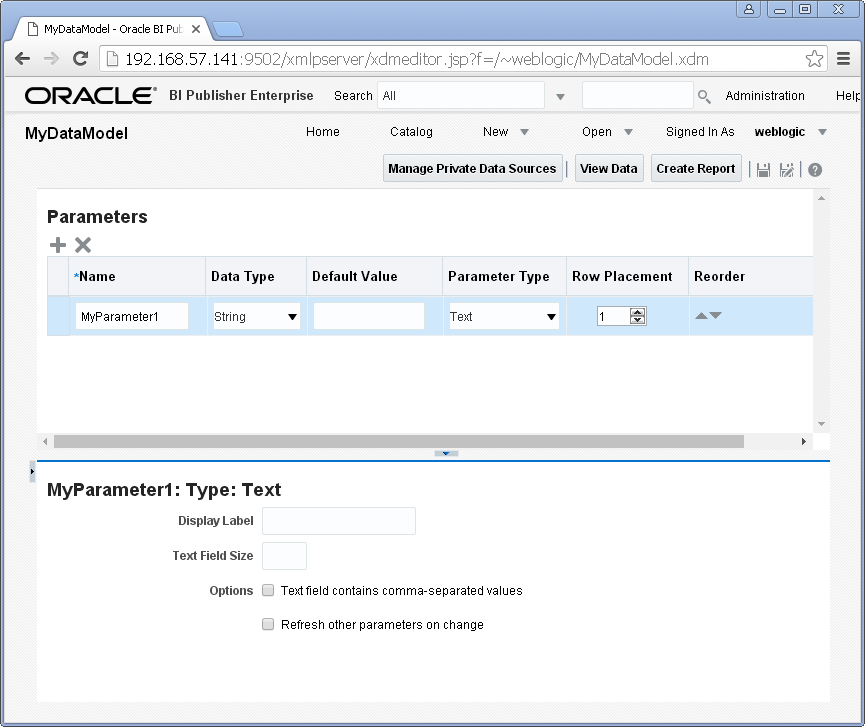 Add/ Create Parameters into a Data Model for Oracle BI Publisher : add