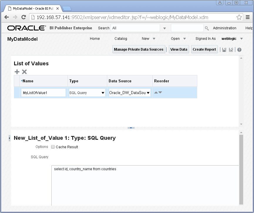 Add/ Create List of Values into a Data Model for Oracle BI Publisher : select