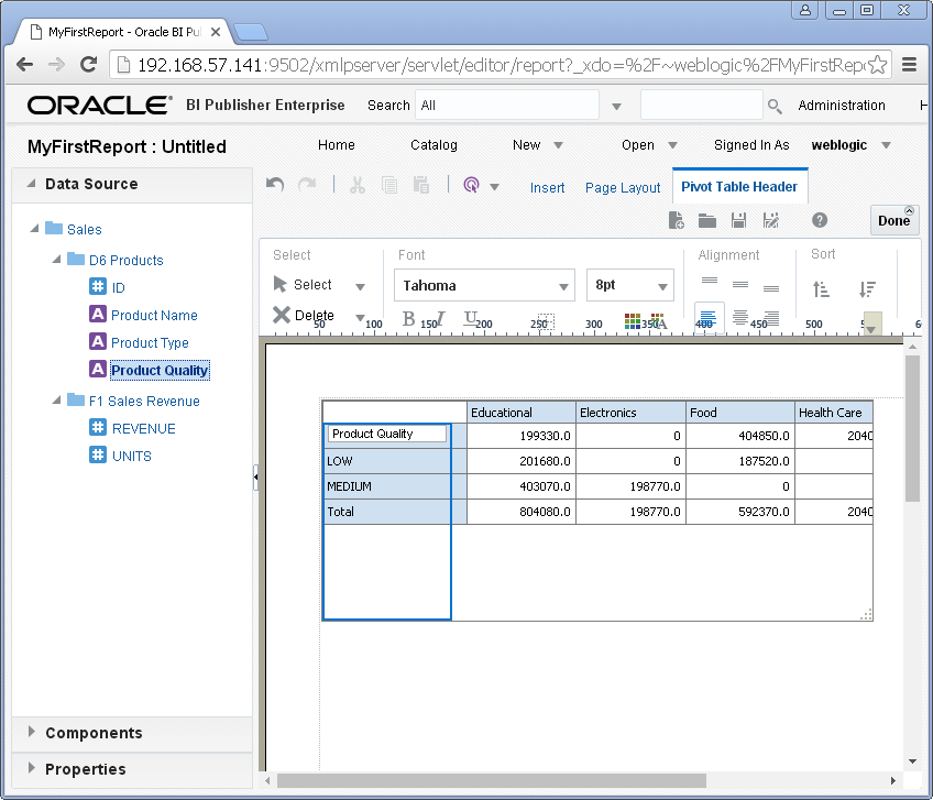 create simple / my first report with Oracle BI Publisher : pivot table created