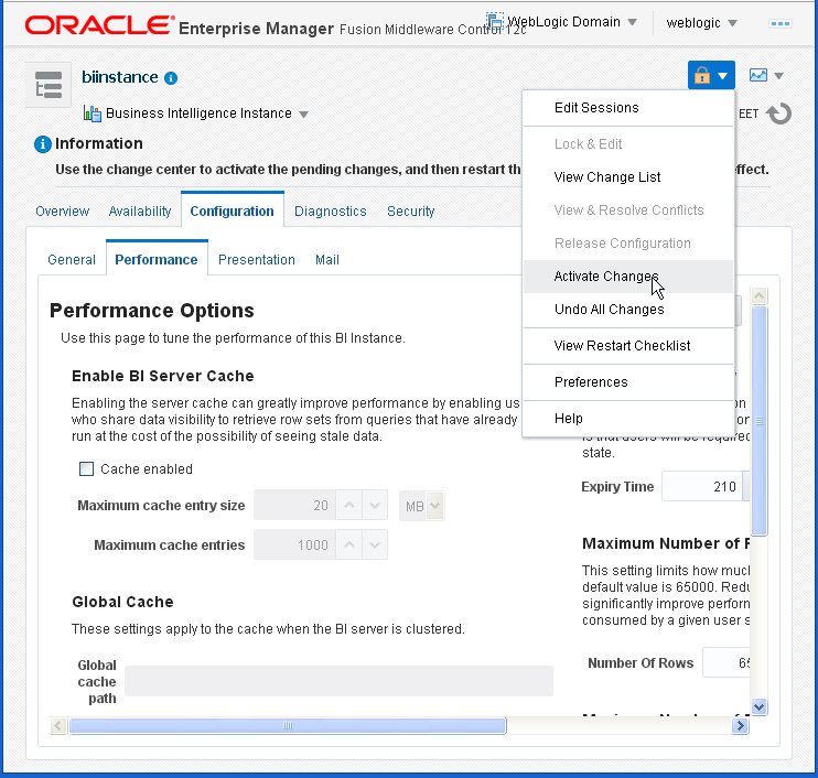 Enable Disable Oracle BI (OBIEE) Server cache: activate changes