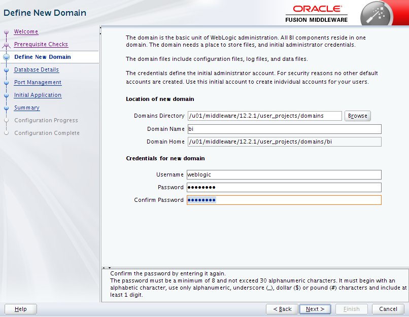Oracle Business Intelligence 12c Enterprise Edition Configuration : define new domain 