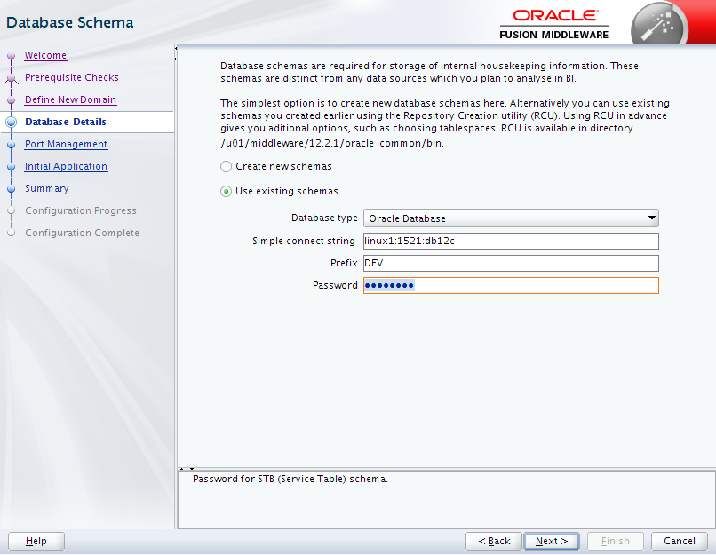 Oracle Business Intelligence 12c Enterprise Edition Configuration : database details 