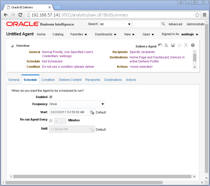 Create an Agent into Oracle BI Analytics: schedule