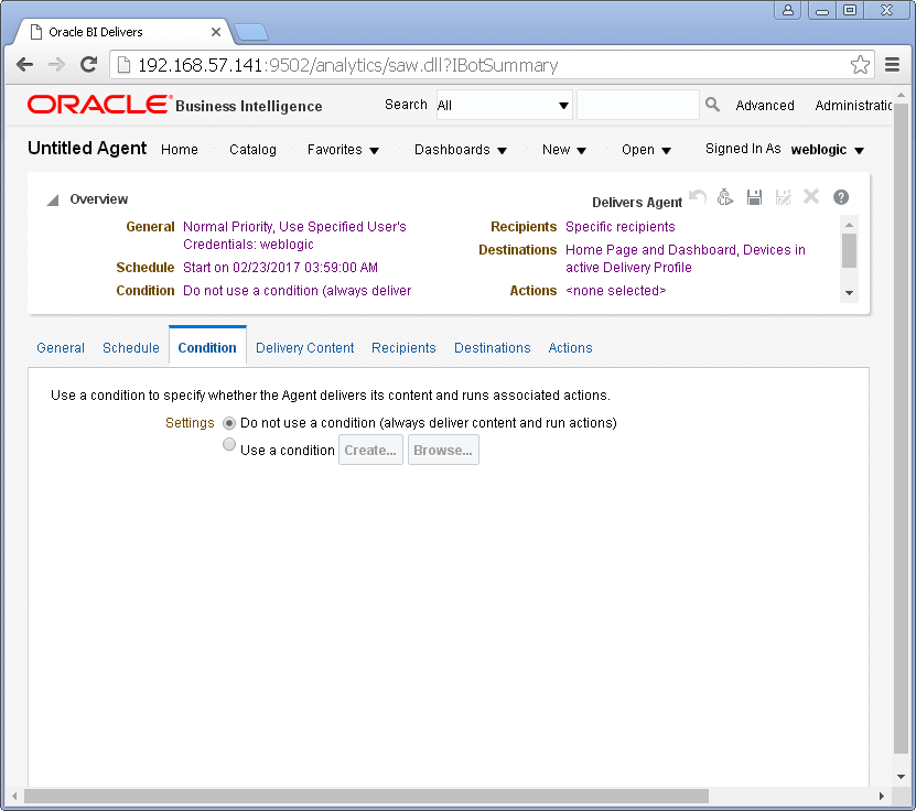 Create an Agent into Oracle BI Analytics: condition