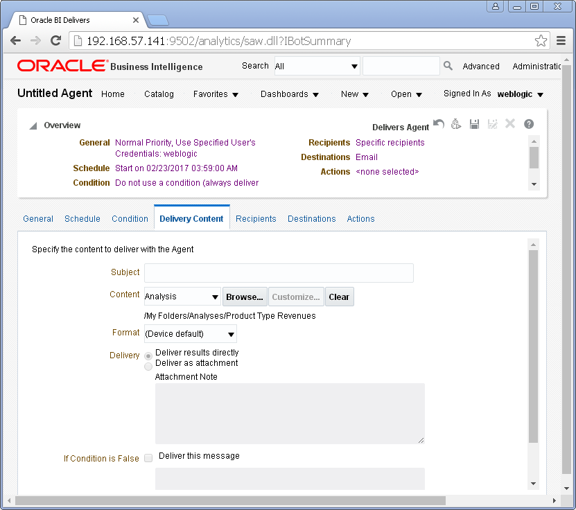 Create an Agent into Oracle BI Analytics: delivery content