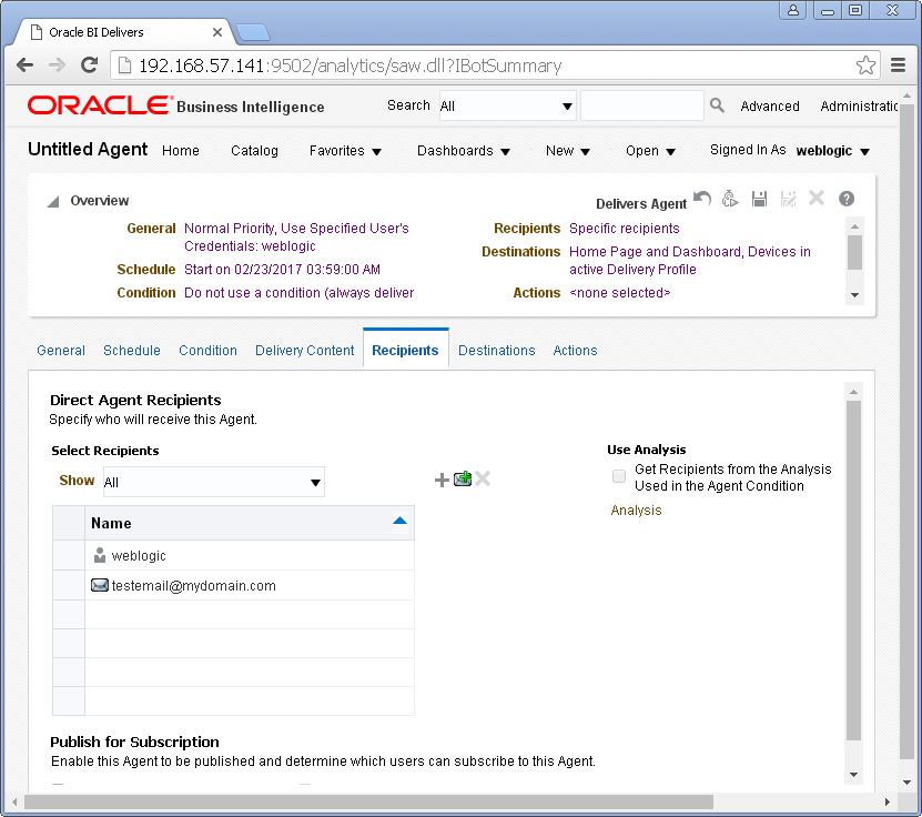 Create an Agent into Oracle BI Analytics: recipients