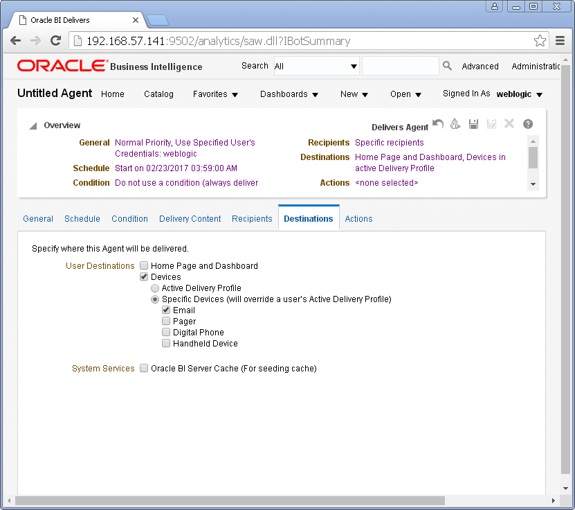 Create an Agent into Oracle BI Analytics: destinations