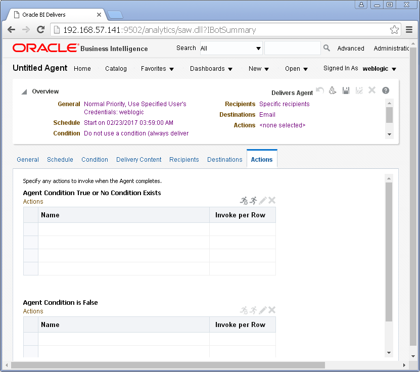 Create an Agent into Oracle BI Analytics: actions