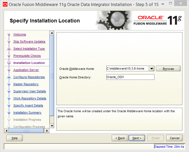 Install Oracle ODI 11g on Windows: installation location