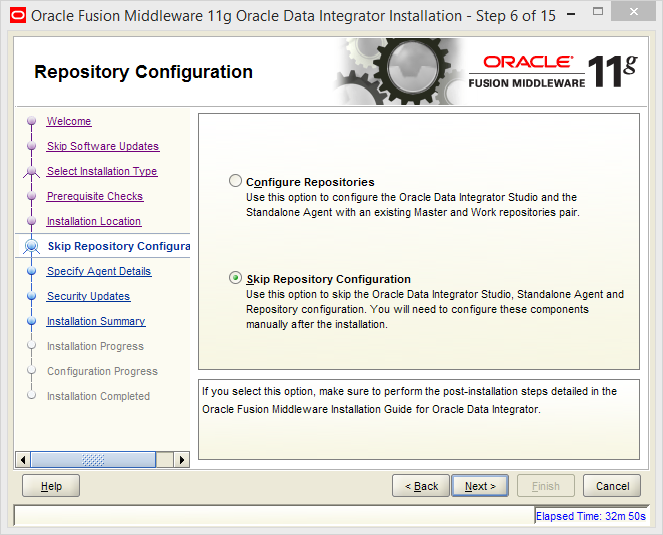 Install and Configure Oracle Data Integrator (ODI) 11g Standalone Agent : skip repository configuration