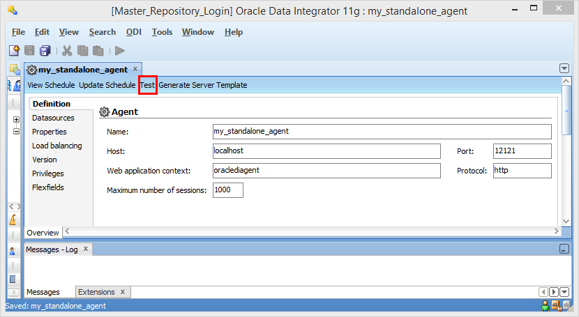 Create ODI 11g Standalone Agent into Master Repository: agent definition test