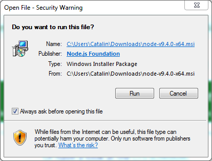 Node.js installation on Windows: security warning