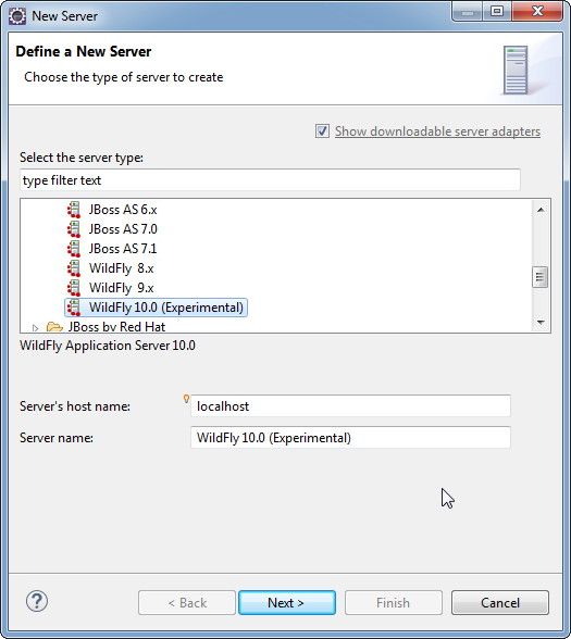 Add WildFly Server to Eclipse: Choose server type