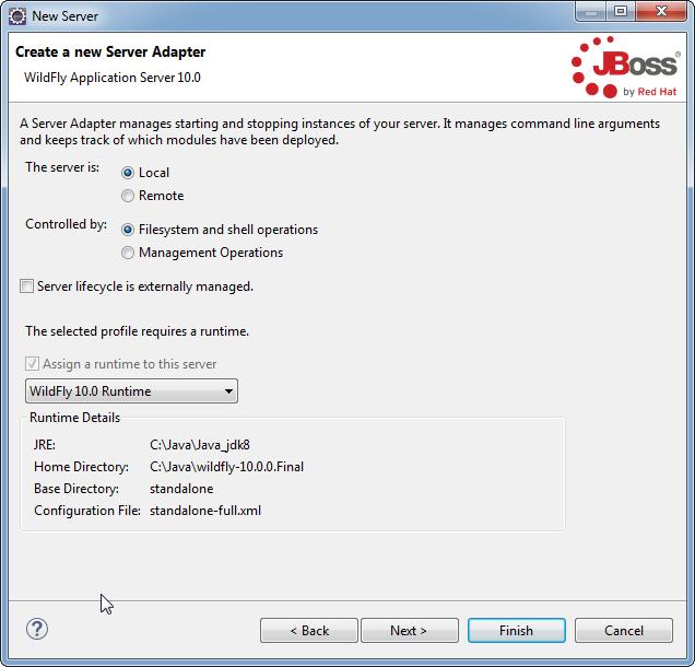 Add WildFly Server to Eclipse: create adapter