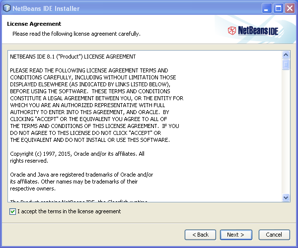 Install NetBeans on Windows: License Agreement