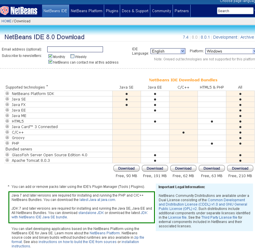 Choose NetBEans release/ version to use: archive - 8.0 information