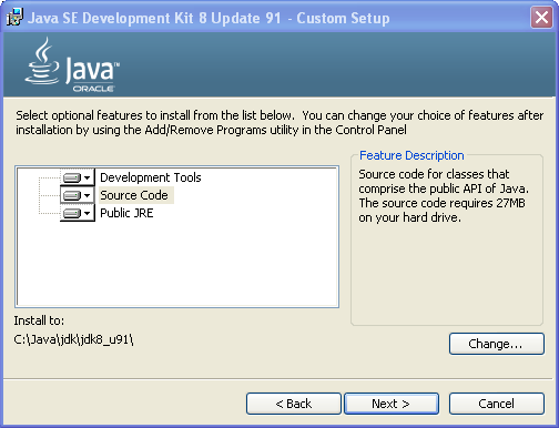 JDK setup screen - JDK features to install