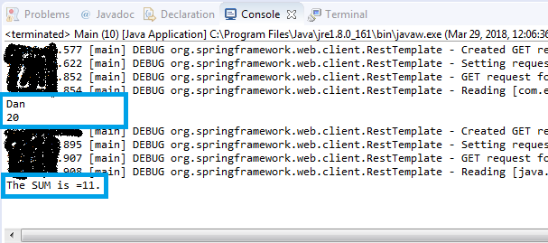 Spring Boot REST web service client example : execution log