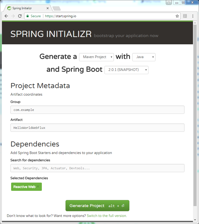 Spring Boot WebFlux Hello World example : Initializr