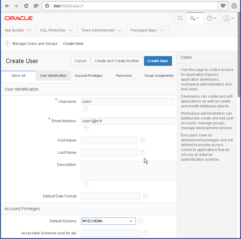 create Oracle APEX user: information 1