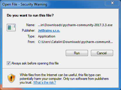 PyCharm installation on Windows : security warning