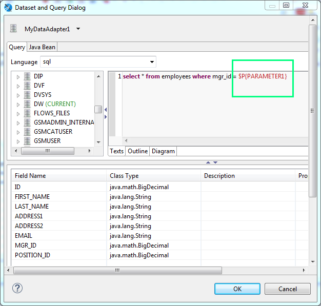 Add a Parameter for JasperReports using Jaspersoft Studio: data set