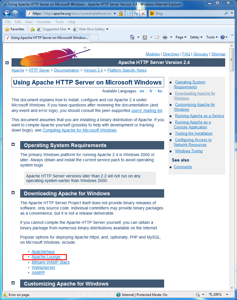 Apache hhtp server installation: Apache download page for Windows