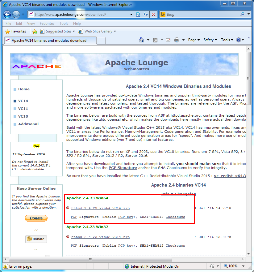 Apache hhtp server installation: Apache download page for windows: apache louge