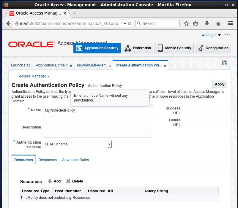 Create Oracle Access Manager (OAM) Authentication Policy: created
