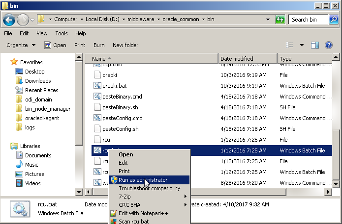 Run RCU (Repository Creation Utility) for Oracle SOA 12c on Windows: location