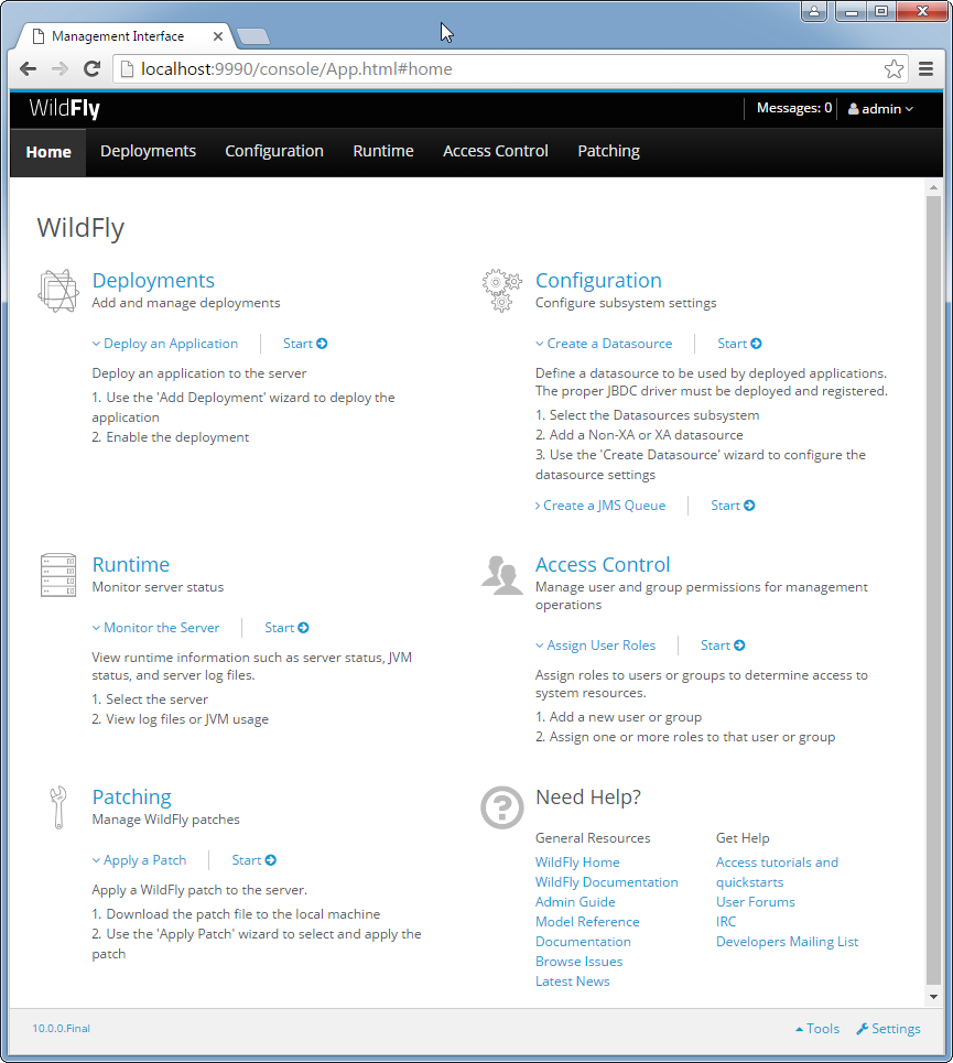 Create WildFly Topic : Connect to the Admin Console