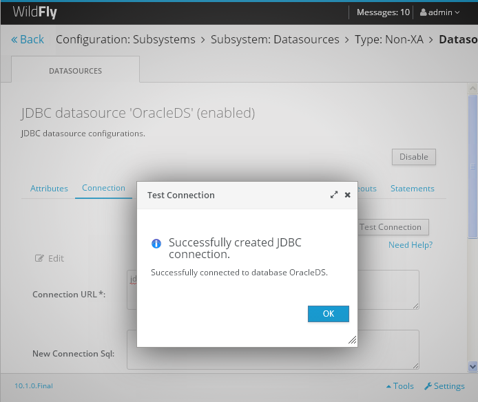 Create a Datasource on WildFly 10 Server for Oracle Database 11gR2 : tested