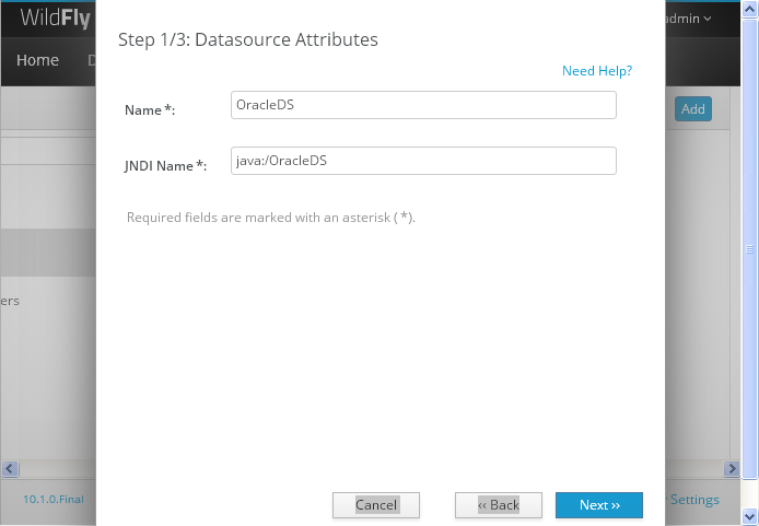 Create a Datasource on WildFly 10 Server for Oracle Database 11gR2 : add name
