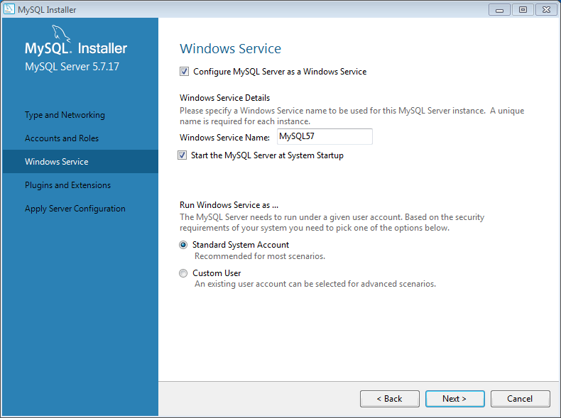 Install MySQL server v. 5.7 on Windows 7: service 