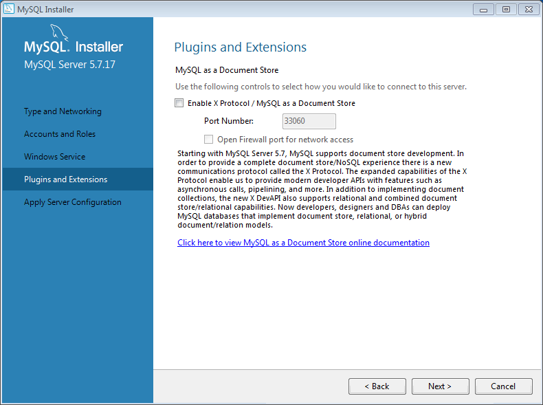 Install MySQL server v. 5.7 on Windows 7: x protocol 