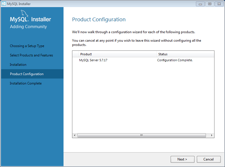 Install MySQL server v. 5.7 on Windows 7: product configuration 