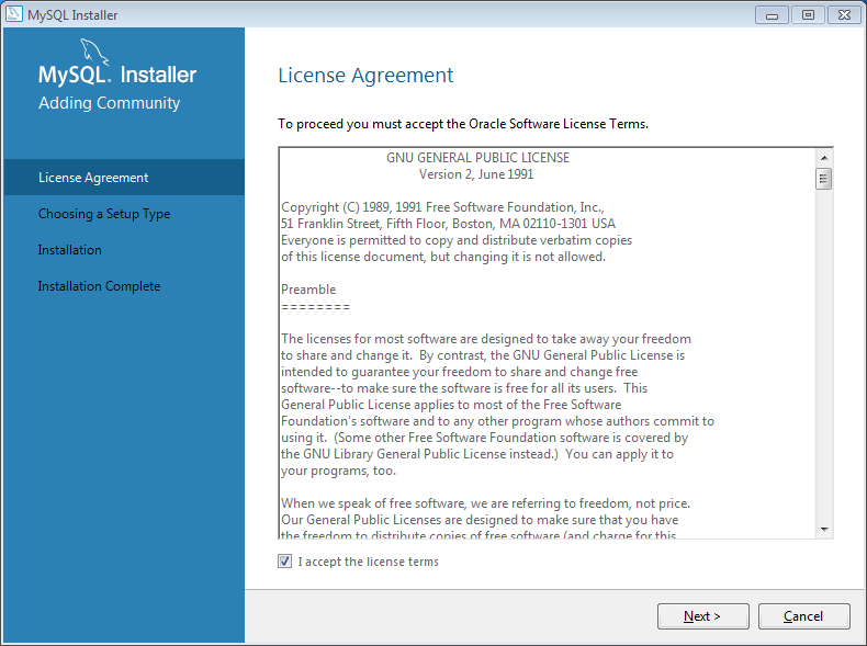 Install MySQL server v. 5.7 on Windows 7: license agreement 