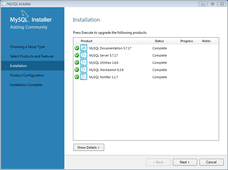 Install MySQL server v. 5.7 on Windows 7: complete 