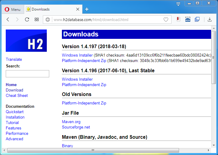 H2 database Installation on Windows: download page