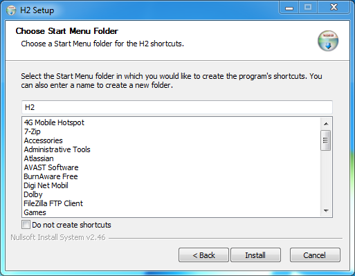 H2 database Installation on Windows: menu folder