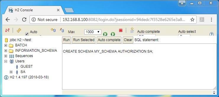 Create H2 database schema: the command