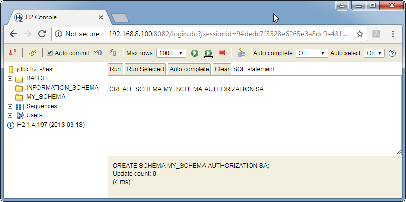 Create H2 database schema: the command run