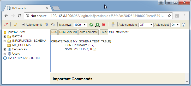 Create H2 database permanent table: command